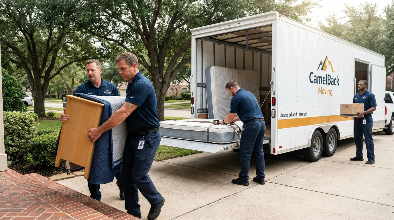 Crew loading residential truck for cross-state move from Wellington, TX