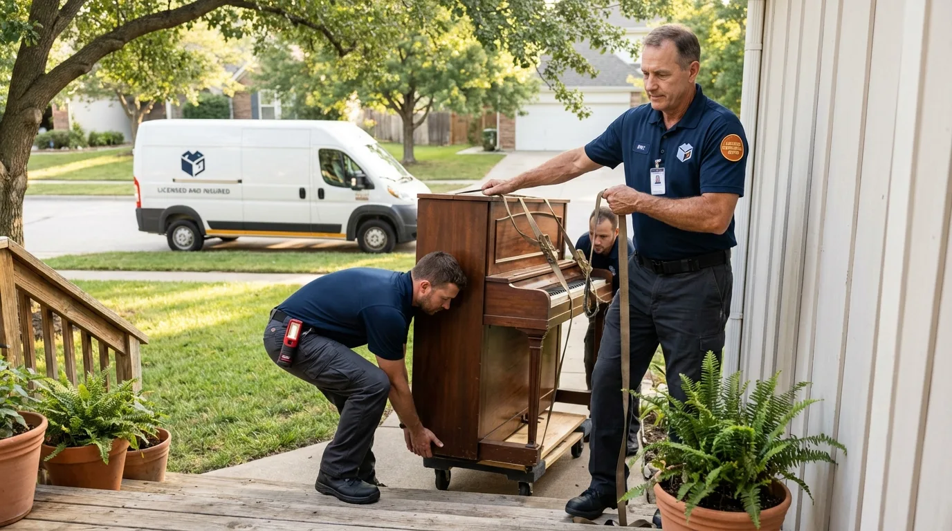 Licensed piano movers securing grand piano in Wellington, TX