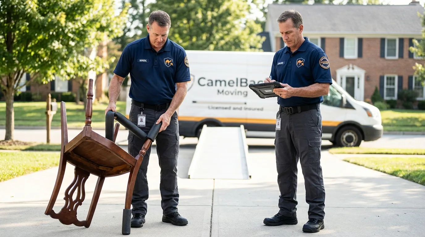 Movers inspecting furniture for damage prevention before loading in Wellington, TX